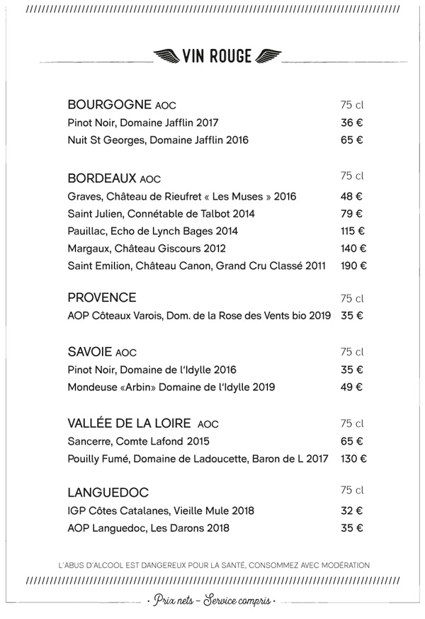 Carte des vins Coucou Café